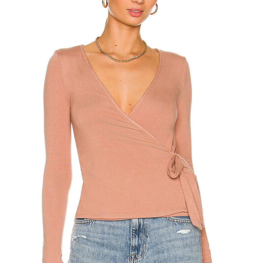 Lovers + Friends Frankie Wrap Long Sleeve Tencel Top Latte Brown M‎